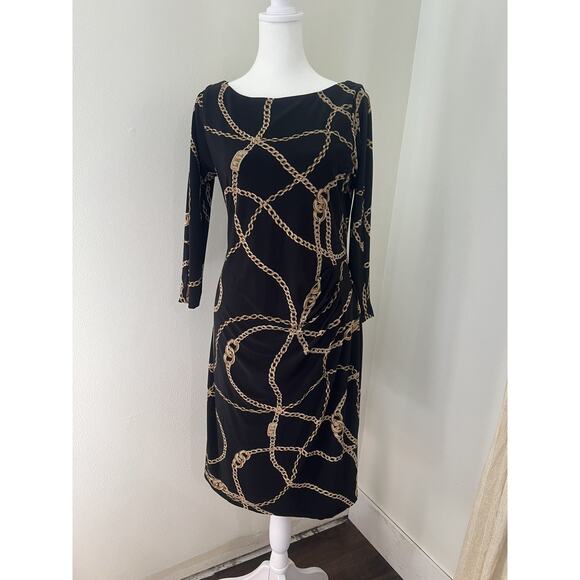 L AUREN RALPH LAUREN Black Gold Chain Link Jersey Dress Boat Neck bodycon sz 10 - Picture 8 of 11